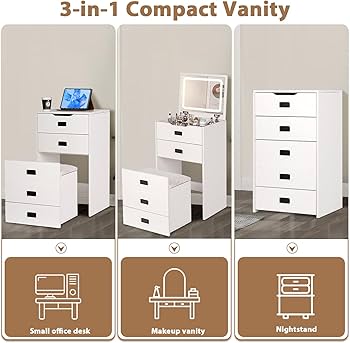 3-in-1 Compact Vanity - Desk, Makeup Vanity & Nightstand | Space-Saving Furniture 