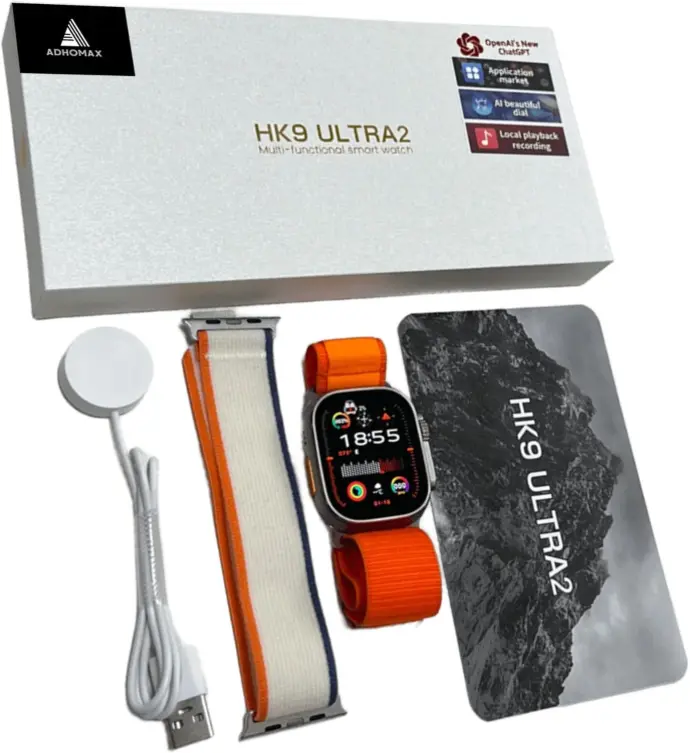 ADHOMAX New hk9 ultra2 smart watch, 2straps, Elegant Design 49MM Amoled display, AI ChatGPT, recording, NFC, IP67, compatible with IOS, android for men, women, strap print may vary (Orange)