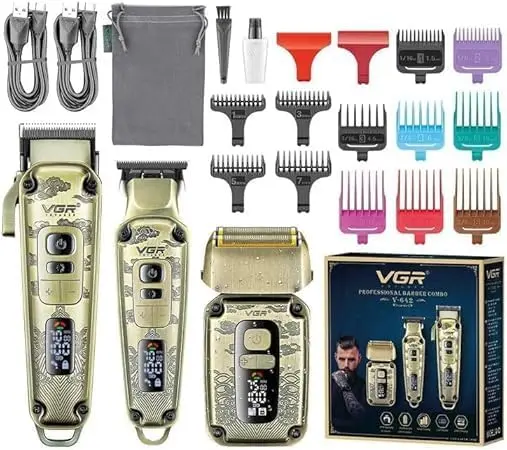 V-642 Professional Metal Hair Clipper and Trimmer – Digital Display, 12 Guide Combs, Triple Waterproof Blades