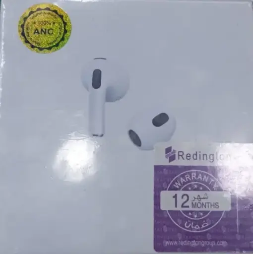 ✨ Key Features Summary Active Noise Cancellation (ANC): The product boasts 100% Active Noise Cancellation (according to the top-left sticker). Warranty: Comes with a 12-month warranty provided by Redington. Design: Features a sleek design strongly resembling Apple AirPods.