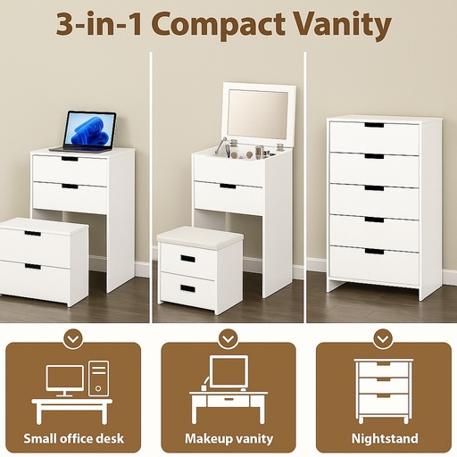 3-in-1 Compact Vanity - Desk, Makeup Vanity & Nightstand | Space-Saving Furniture 